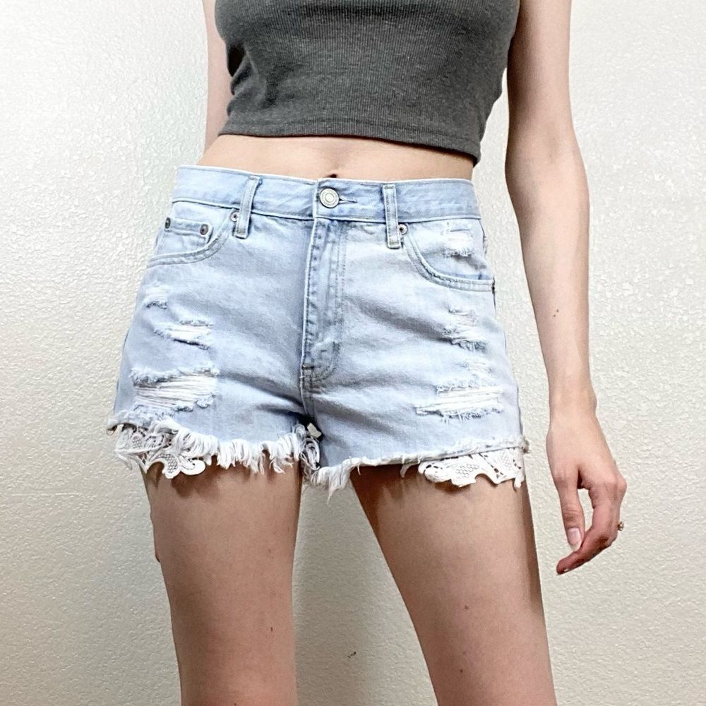 Aeropostale Light Wash Distressed Denim Lace Hem Cheeky Shorts